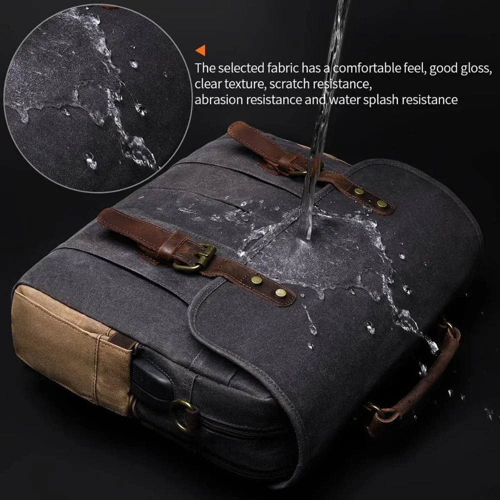Men's Dark Grey Genuine Leather Canvas Water Resistant Satchel Shoulder Bag